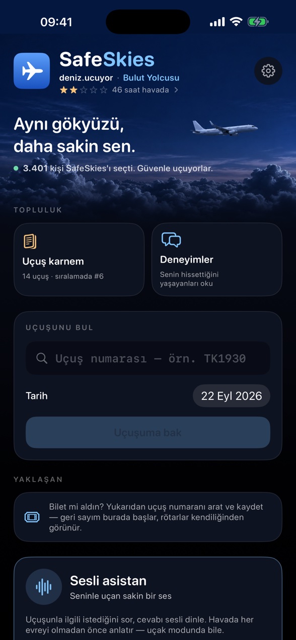 Ana sayfa: uçuşunu bul, topluluk, sesli asistan